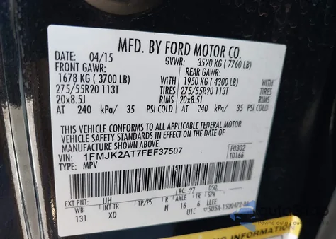 2015 Ford Expedition El Limited z USA, uszkodzony, nr VIN 1FMJK2AT7FEF37507